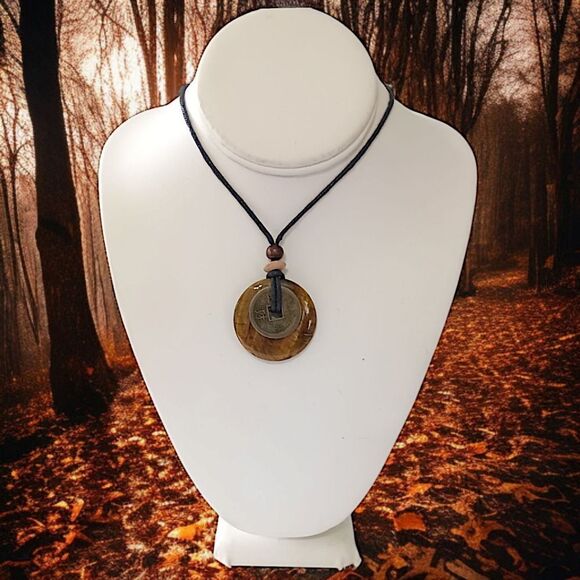 Tigers Eye Necklace Pendant Disc Coin Corded Bohemian Hippie Boho Chic Gypsy - Picture 10 of 16